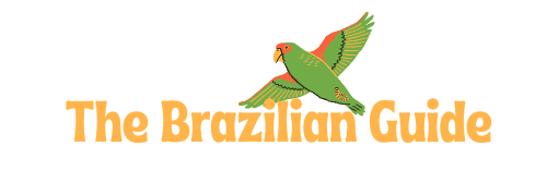This image features a logo that reads "The Brazilian Guide." It includes a stylized illustration of a green parrot with an orange beak. The parrot is in flight and positioned above the text, which is in a casual, handwritten-style font.
