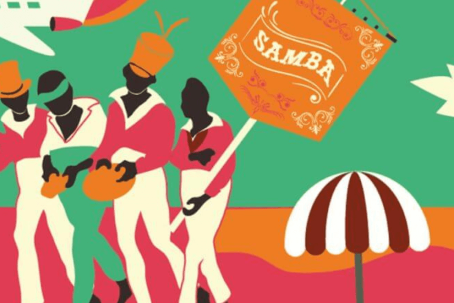 The image features a stylized illustration with a vivid color palette, predominantly green, red, and orange, depicting a scene associated with Brazilian Samba music. There are four figures in white and red costumes, likely musicians and a dancer, with three of them wearing orange hats. The musicians appear to be playing traditional Samba instruments, possibly a cavaquinho and pandeiros. A female figure is dancing, and one of the musicians is holding a banner with the word "SAMBA" on it, adorned with decorative flourishes. In the background, there's a silhouette of a palm tree and a simplified representation of an airplane, suggesting a tropical, festive atmosphere. At the forefront, there's a beach umbrella, adding to the leisurely, festive theme of the scene. The overall composition evokes the energy and cultural significance of Samba in Brazil.