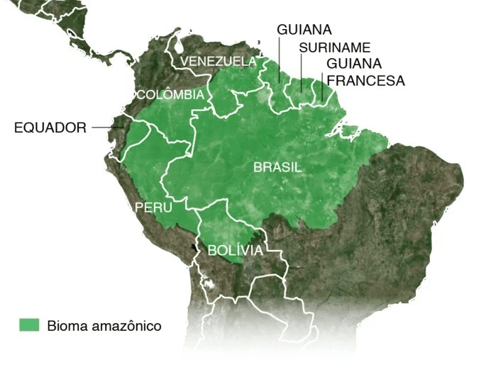 A map highlighting the Amazon biome in green, covering regions across South America including Brazil, Peru, Colombia, Venezuela, Ecuador, Bolivia, Guyana, Suriname, and French Guiana.