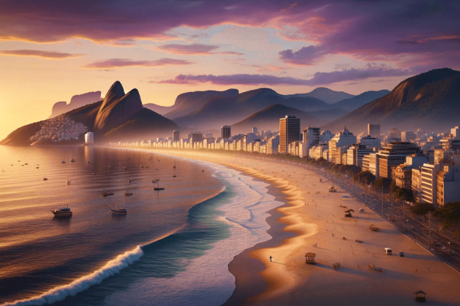 The sun sets over Ipanema Beach in Rio de Janeiro, casting a golden glow on the sandy shore and reflecting off the calm ocean, with the silhouettes of the Two Brothers mountain range visible in the distance.