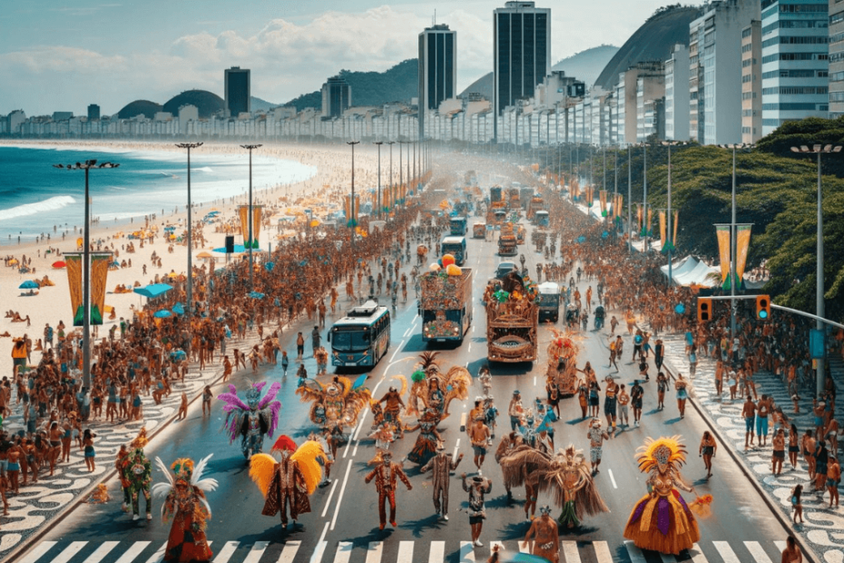 A float adorned with flamboyant orange and gold decorations, surrounded by a sea of carnival participants in Rio de Janeiro