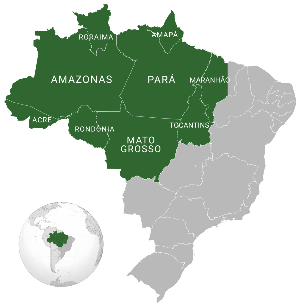 A detailed map showing the Brazilian states covered by the Amazon rainforest, including Amazonas, Pará, Acre, Rondônia, Roraima, Mato Grosso, Maranhão, Tocantins, and Amapá, with a small globe indicating the forest's location.