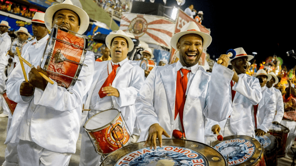 A traditional "escola de samba" carnival party with drummers in white suits and straw hats, full of joy and rhythm, in Brazil.