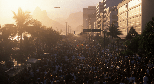 The setting sun casts a golden hue over a crowded Ipanema Beach, with the silhouettes of palm trees and the towering mountains adding to the picturesque scene at this iconic Brazil beach.