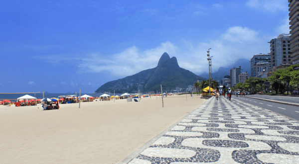 The iconic wave-patterned sidewalk of Ipanema Beach is nearly empty, offering a clear view towards the towering Two Brothers mountains on a sunny day with a few clouds in the sky.