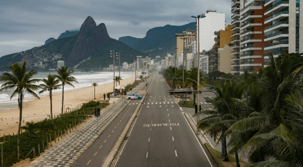 An overcast day at Ipanema Beach, with the streets quiet and the beachfront calm, presenting a different, more serene side of this usually bustling Brazil beach area.