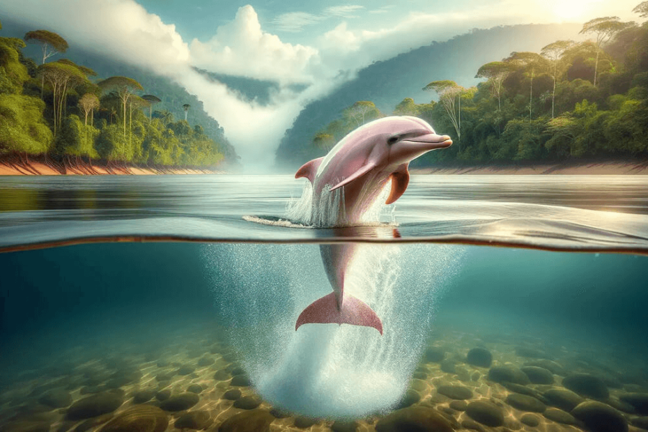 A pink river dolphin (boto) diving gracefully into the clear waters of the Amazon River. The image should capture the elegance and unique presence of this animal