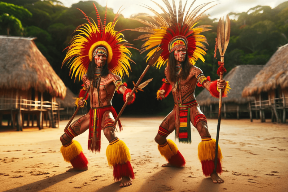 Two indigenous men in traditional attire perform a cultural dance in an Amazonian village clearing, with vibrant headdresses, face paint, and carrying wooden spears.
