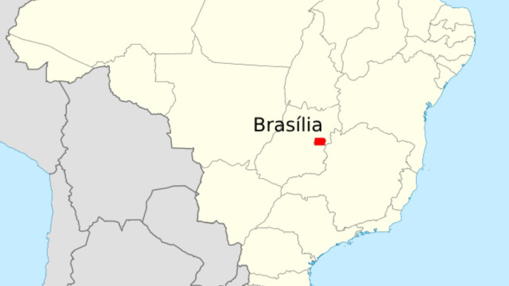 A map highlighting the location of Brasília in central Brazil, marked by a red square within the outline of the country.