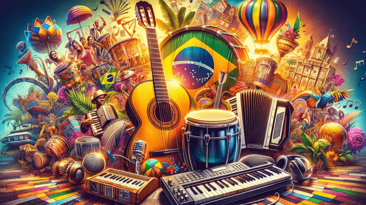 A vibrant collage showcasing the diversity of Brazilian music genres, featuring instruments like a guitar for Bossa Nova, drums for Samba, an accordion for Forró, and a turntable for Funk Carioca, set against a colorful and festive Brazilian backdrop, capturing the essence of Brazil's musical celebration.