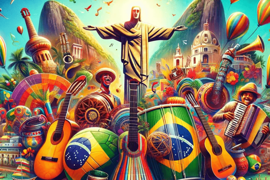 A colorful celebration of traditional brazilian music, featuring iconic symbols like Christ the Redeemer and a medley of instruments, including guitars and accordions, against a backdrop of Rio's landscape.