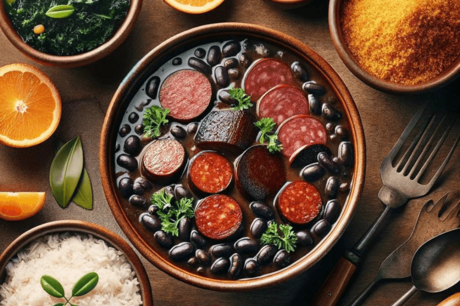 Image of a traditional Brazilian feijoada meal, the most popular brazilian food, featuring a large bowl of black bean stew with sausage and meat, garnished with parsley. Accompaniments include bowls of rice, farofa, and kale, with orange slices and cooking utensils on a wooden table