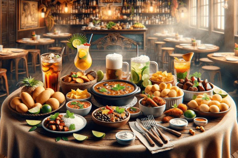 A festive table spread of various Brazilian dishes and drinks, including caipirinha, pastries, and stews in a warmly lit traditional dining setting.