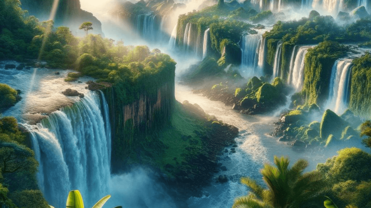 An expansive view of Iguazu Falls in Brazil, showcasing a series of wide waterfalls cascading amid lush green rainforest under a golden sunlight breaking through the mist.