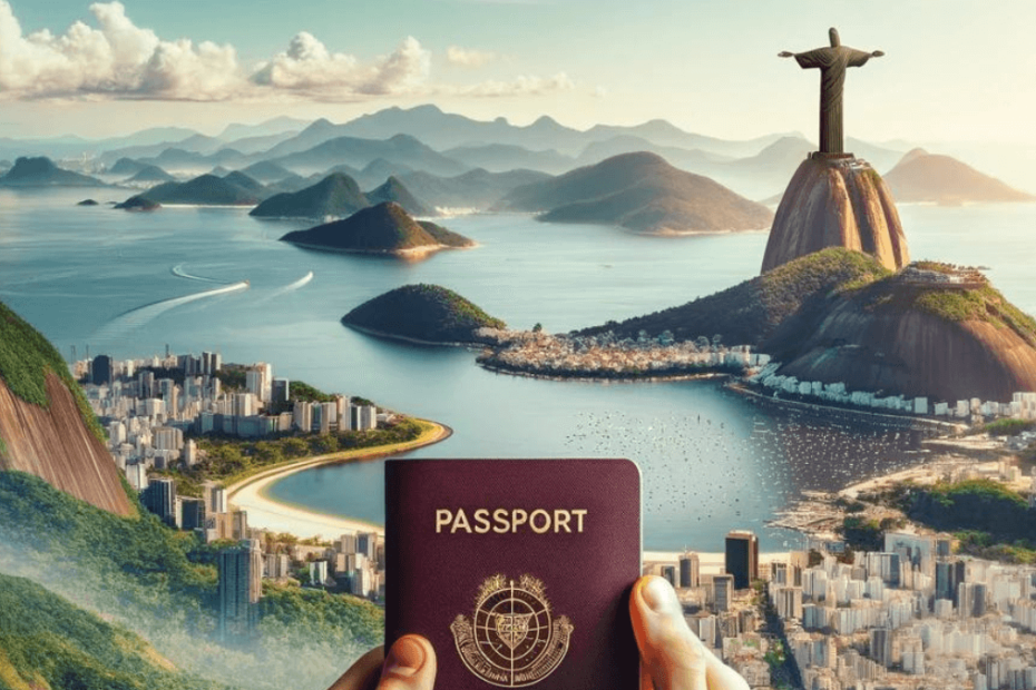 Traveler holding a passport with the iconic Christ the Redeemer statue and Sugarloaf Mountain in the background, symbolizing symbolizing the main question of the text: is a visa required to travel to brazil?
