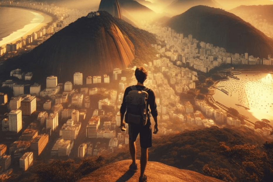A solo traveler stands on a viewpoint overlooking Rio de Janeiro, with Sugarloaf Mountain and the Christ the Redeemer statue visible in the golden light of sunset, symbolizing adventure and discovery.