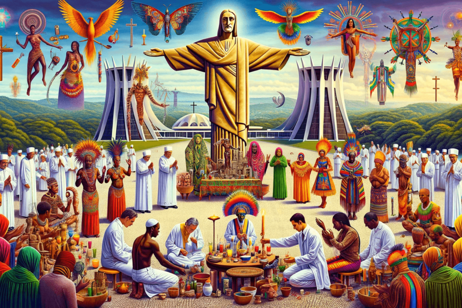 This image represents the rich religious diversity of Brazil, featuring the Christ the Redeemer statue symbolizing Catholicism, a colorful Umbanda or Candomblé ceremony with participants in vibrant attire and African deities, a Spiritist medium in a trance-like state, and the modernist architecture of the Brasília Cathedral. The composition harmoniously blends these elements against a lively, colorful backdrop that reflects Brazil's spiritual syncretism and cultural diversity, embodying the essence of Brazilian religious practices and their deep cultural roots.