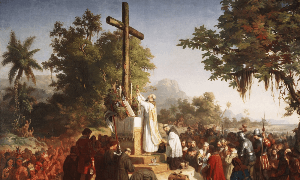A historical painting depicting a Catholic mass being held outdoors in a tropical setting, likely representing the introduction of Catholicism to Indigenous peoples in Brazil.