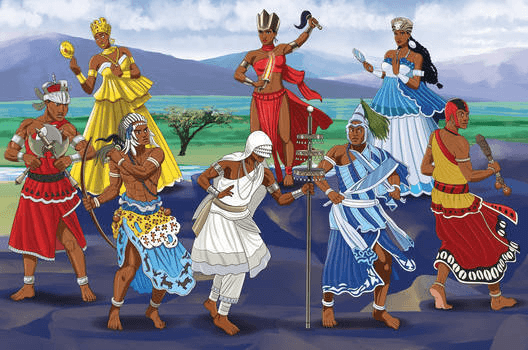 An illustration of various Orishas, deities in the Afro-Brazilian religions of Umbanda and Candomblé, depicted in traditional attire against a backdrop of a green landscape.