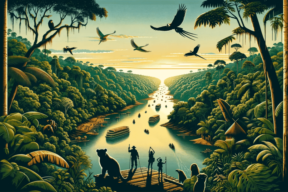 A stylized artistic representation of the Amazon Rainforest, with a diverse array of wildlife and a small human figure on a dock, emphasizing the vastness and beauty of the jungle.