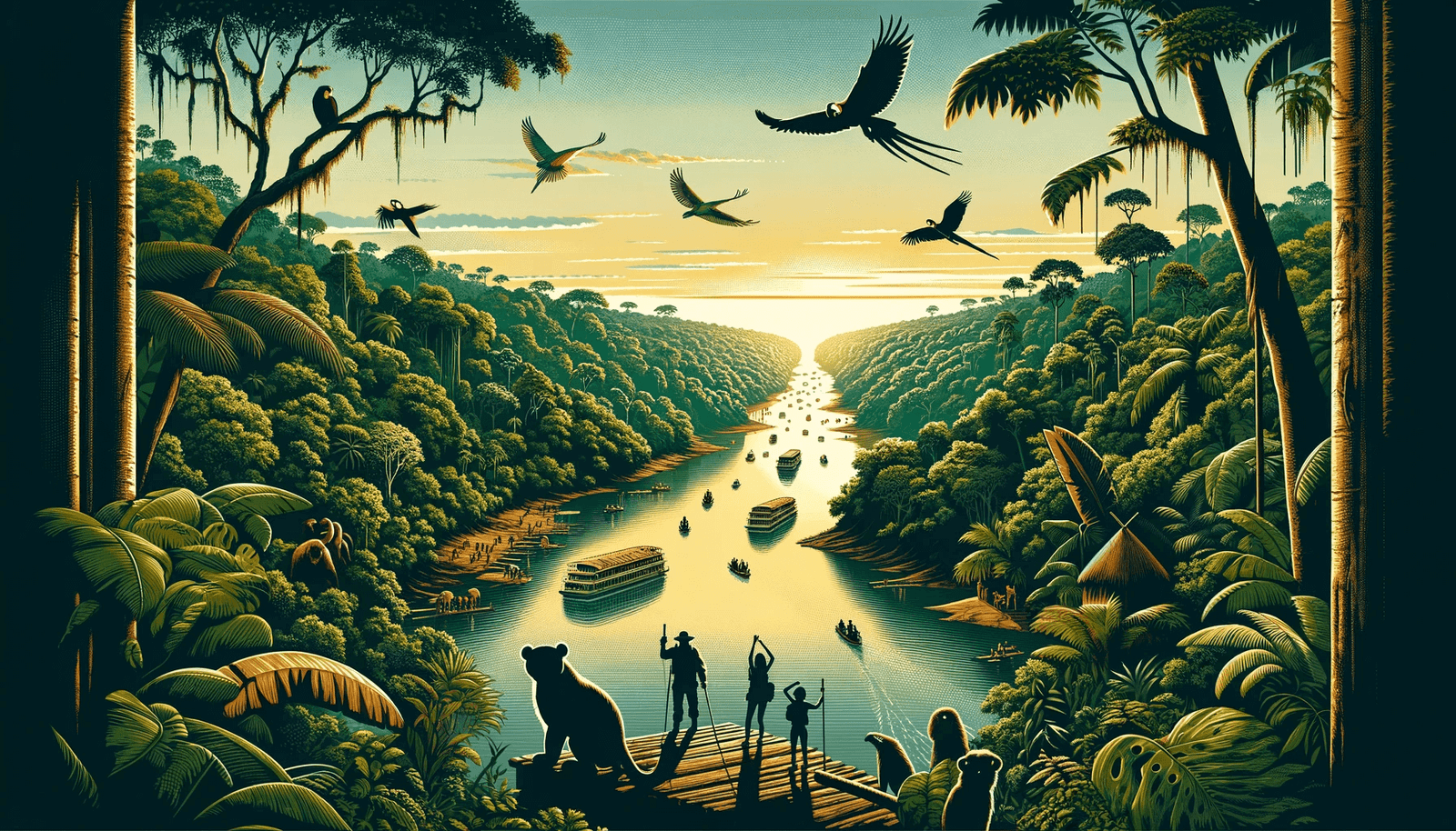 A stylized artistic representation of the Amazon Rainforest, with a diverse array of wildlife and a small human figure on a dock, emphasizing the vastness and beauty of the jungle.