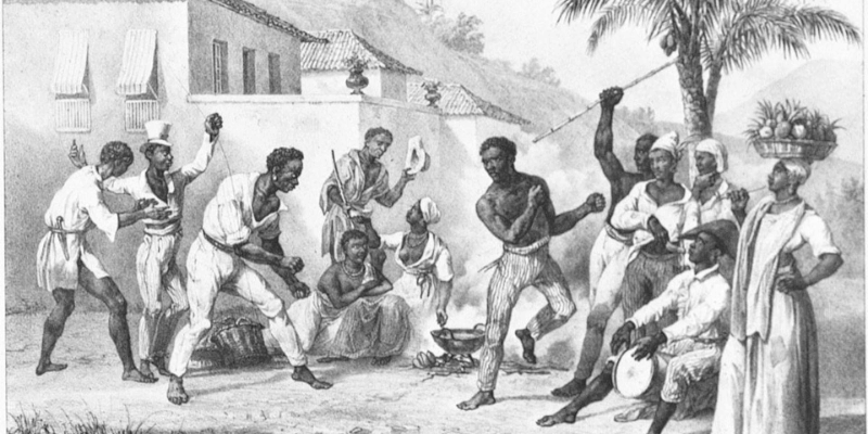 A historical illustration depicting a group of people engaged in Capoeira, a traditional Brazilian martial art, in a village setting with musical accompaniment.