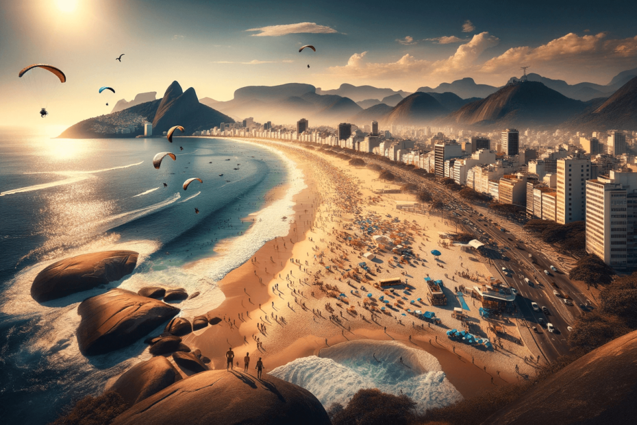A breathtaking aerial view of a Rio de Janeiro beach at sunset with paragliders soaring above, the sun reflecting on the water and Sugarloaf Mountain in the distance.