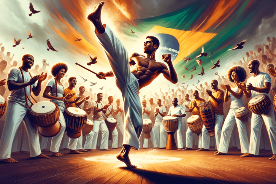 An illustration of a Brazilian Capoeira roda with participants playing instruments and a central figure executing a high kick, vibrant colors and a Brazilian flag in the background capturing the dynamic energy of the art form.