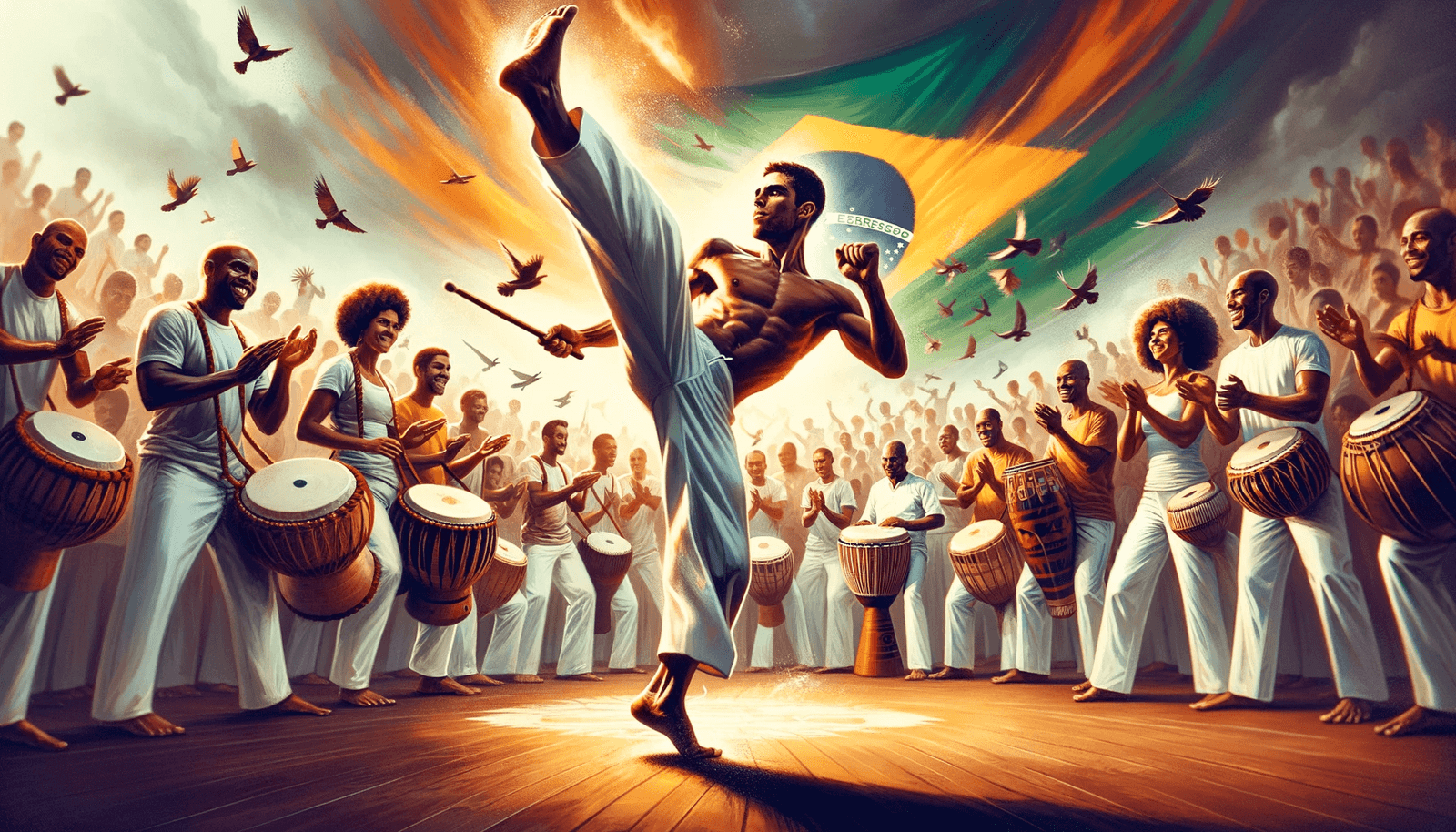 An illustration of a Brazilian Capoeira roda with participants playing instruments and a central figure executing a high kick, vibrant colors and a Brazilian flag in the background capturing the dynamic energy of the art form.