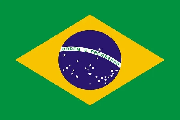 This is an image of the modern flag of Brazil. It has a green field with a large yellow rhombus in the center, inside of which is a blue globe with 27 small white stars of five different sizes arranged in the pattern of the night sky as seen from Rio de Janeiro. These stars represent the 26 states of Brazil and the Federal District. The blue globe has a white equatorial band with the national motto "Ordem e Progresso" inscribed in green.