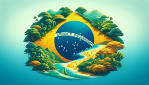 This is a stylized depiction of the flag of Brazil, where the traditional globe and banner are integrated into a tropical landscape. The yellow rhombus forms a hill or mountain, with lush greenery and trees, against a clear blue sky. The central blue globe is represented by a circular water body with the national motto "Ordem e Progresso" (Order and Progress), and the stars are shown as if they are part of the night sky or reflecting on the water. The scene includes elements like sailing boats, a beach, and a winding road, suggesting a peaceful and idyllic version of the country.