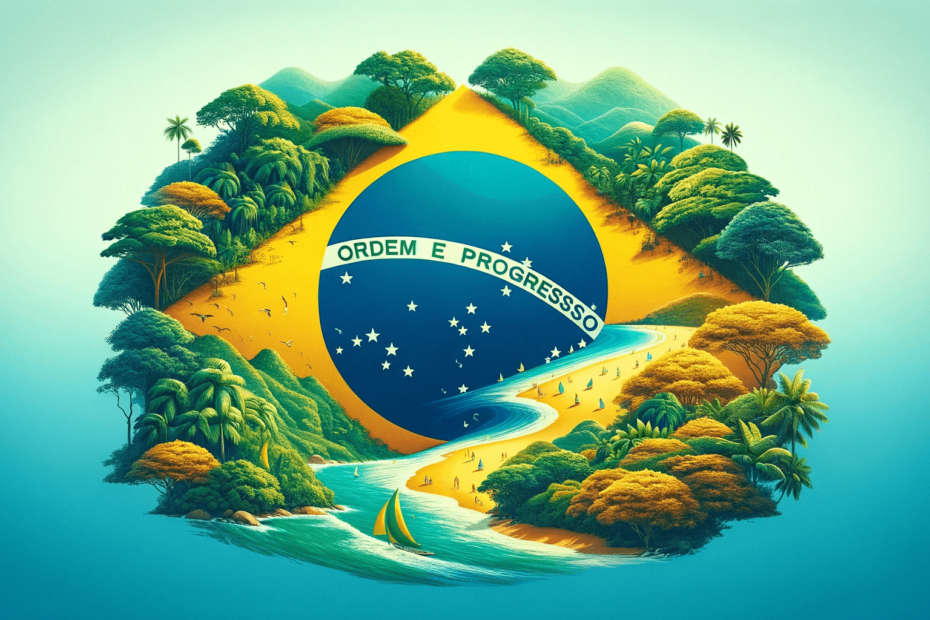 This is a stylized depiction of the flag of Brazil, where the traditional globe and banner are integrated into a tropical landscape. The yellow rhombus forms a hill or mountain, with lush greenery and trees, against a clear blue sky. The central blue globe is represented by a circular water body with the national motto "Ordem e Progresso" (Order and Progress), and the stars are shown as if they are part of the night sky or reflecting on the water. The scene includes elements like sailing boats, a beach, and a winding road, suggesting a peaceful and idyllic version of the country.