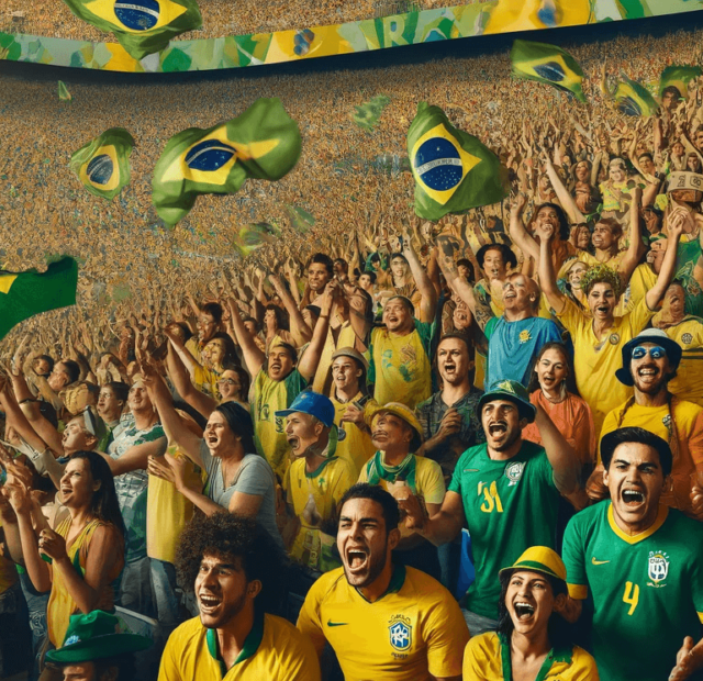 Vibrant scene in a Brazilian football stadium with a diverse crowd of fans wearing Brazil's national team jerseys, cheering enthusiastically with flags and scarves.