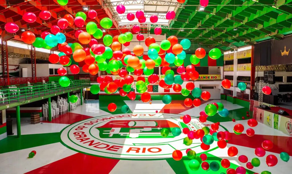 The brightly colored balloons decorating the Grande Rio samba school court in Rio de Janeiro, preparing for an exciting samba rehearsal and Carnival celebration.